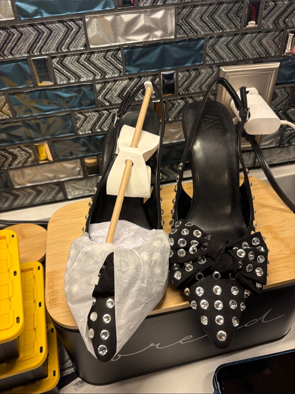 Black Crystal-Embellished Pointed Slingback Heels with Bow Accent